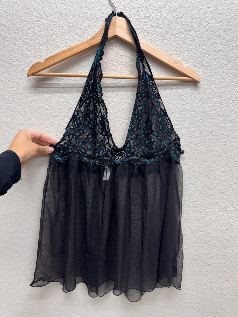 Frederick's of Hollywood Lace Halter Baby Doll Lingerie Top Black Green Sheer M